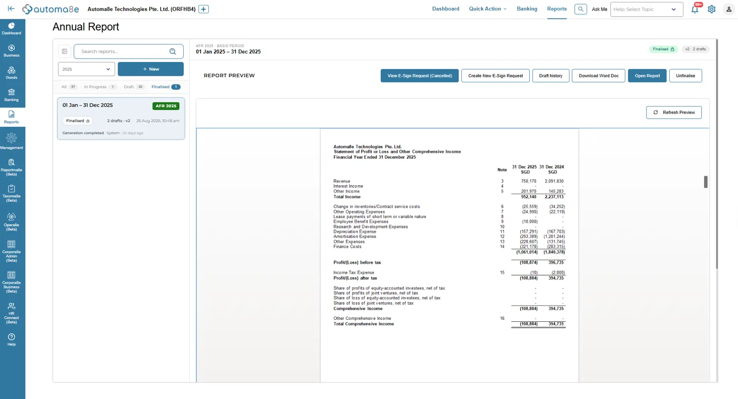 Annual financial reporting screen