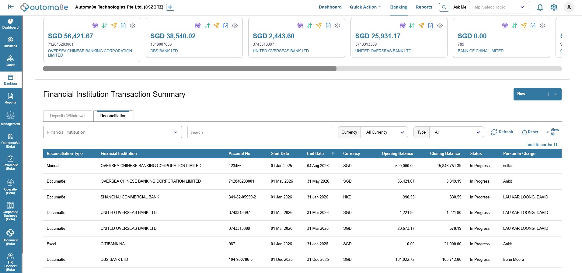 Sales and bank reconciliation screen