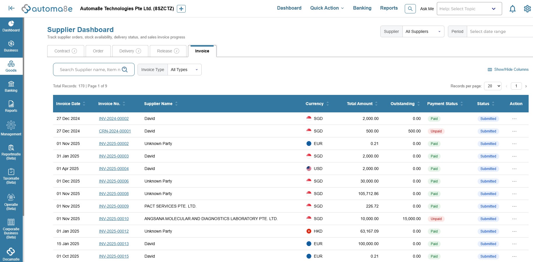 Supplier invoice control screen